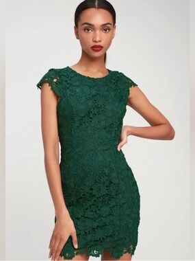 Lulu's Dark Green Floral Lace Mini Dress